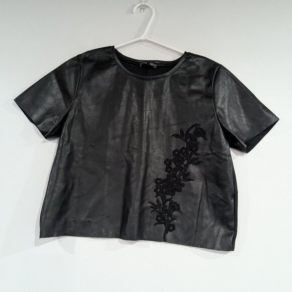 Zara Pleather Short Sleeve Top with Lace Detail Black Size Medium - Picture 1 of 4